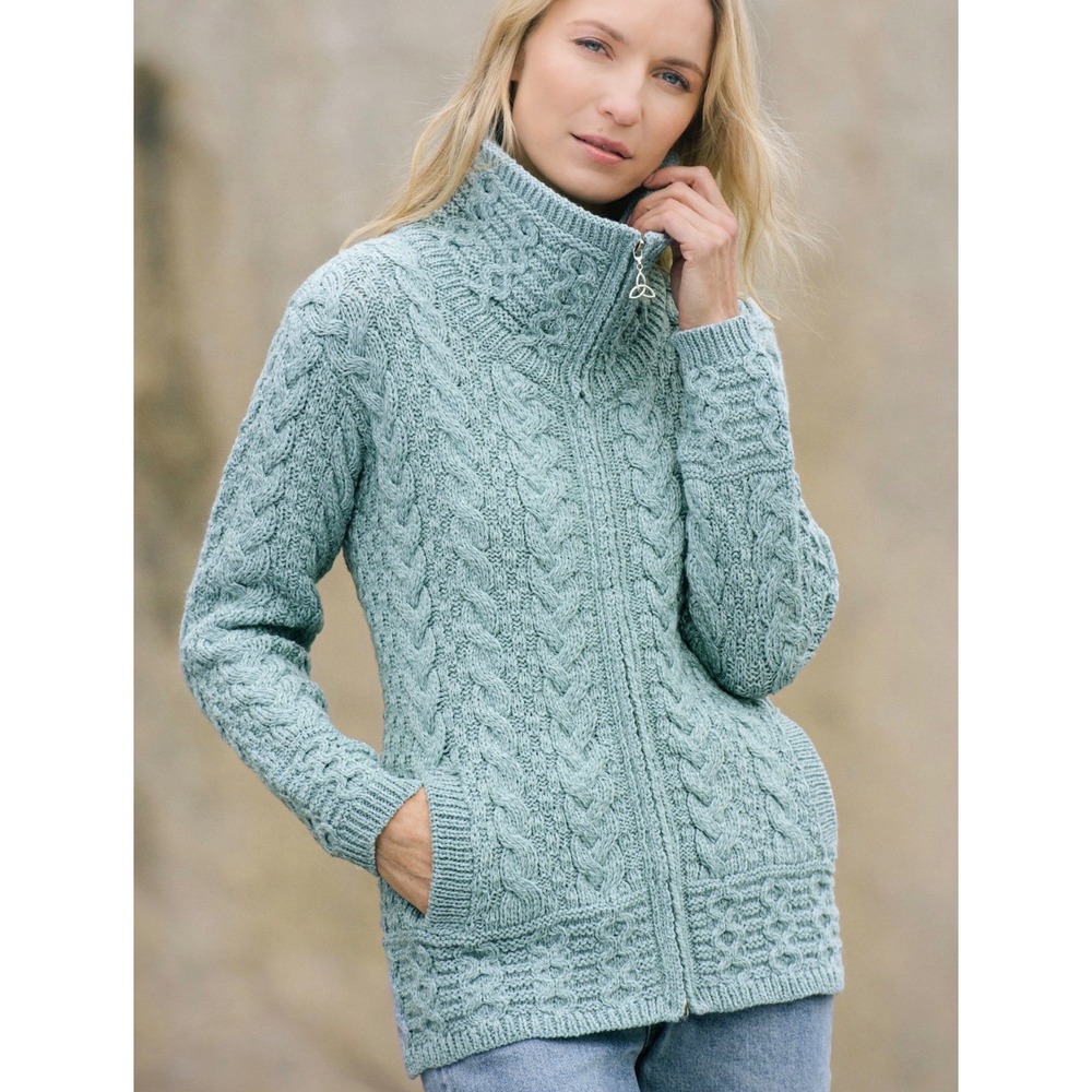 Aran Crafts Women's Double Collar Trinity Cardigan M Full Zip  Mermaid Blue NWT